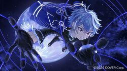  1boy absurdres black_bow black_bowtie black_gloves black_jacket blue_coat blue_hair bow bowtie braid clenched_teeth coat coat_on_shoulders collared_shirt copyright_notice floating frilled_sleeves frills full_moon gloves hair_ornament hairclip highres holostars holostars_english jacket male_focus moon multiple_braids nayoyoki night octavio octavio_(1st_costume) official_art outstretched_arms outstretched_hand perspective puppet_strings red_eyes shirt short_hair sky solo star_(sky) starry_sky string_around_finger teeth tri_braids virtual_youtuber white_shirt 