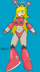  1girl :d antennae armor armored_boots arms_up bikini_armor black_gorget blonde_hair blue_background blue_eyes bodysuit boots breastplate breasts commentary cosplay crown english_commentary full_body gorget grey_bodysuit highres hyper_roll_(marvel_vs._capcom) hyper_roll_(marvel_vs._capcom)_(cosplay) joints knee_boots knee_pads large_breasts long_hair looking_at_viewer marvel_vs._capcom mechanical_arms mechanical_boots mechanical_legs mega_man_(classic) mega_man_(series) open_mouth pep-302 princess_peach radio_antenna red_armor red_boots ribbon robot_joints roll_(mega_man) shoulder_armor sidelocks signature simple_background smile solo super_mario_bros. 