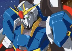  1980s_(style) aeug commentary_request green_eyes gundam masunikuru mecha mecha_focus mobile_suit no_humans portrait retro_artstyle robot science_fiction solo space star_(sky) upper_body v-fin zeta_gundam zeta_gundam_(mobile_suit) 
