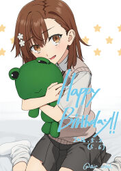  1girl absurdres aic_oekaki asymmetrical_bangs brown_eyes brown_hair brown_sweater_vest collared_shirt gekota grey_skirt hair_behind_ear hair_ornament hairpin happy_birthday highres hugging_doll hugging_object looking_at_viewer loose_socks medium_hair miniskirt misaka_mikoto open_mouth pleated_skirt school_uniform shirt short_sleeves simple_background sitting skirt smile socks stuffed_animal stuffed_frog stuffed_toy summer_uniform sweater_vest toaru_kagaku_no_railgun toaru_majutsu_no_index tokiwadai_school_uniform v-neck wariza white_shirt white_socks 