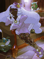  2girls carbink closed_mouth commentary couch dark-skinned_female dark_skin dress eyelashes fishnet_pantyhose fishnets green_hair grey_hair headdress highres indoors jacinthe_(pokemon) lebanne_(pokemon) legs_together long_hair long_sleeves luxury_ball mayotsunamayo multiple_girls pantyhose poke_ball pokemon pokemon_(creature) pokemon_legends:_z-a shoes sitting tilted_headwear violet_eyes 