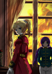  2girls ayase_eli curtains gloves highres love_live! military_uniform multiple_girls neo_zeon ponytail standing staring tianyu_jifeng tojo_nozomi twintails vase white_gloves window 