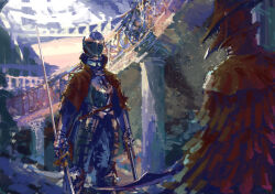  ambiguous_gender armor bloodborne brown_cape cape coat commentary dual_wielding gun hammk handgun hat helmet highres holding holding_gun holding_weapon hunter_(bloodborne) indoors mask mouth_mask plate_armor spiral_staircase stairs sword tricorne untranslatable_commentary upper_body weapon 