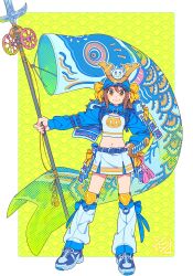  1girl animal_print armor armored_skirt blue_jacket border brown_eyes brown_hair cat_print commentary cropped_jacket cropped_shirt full_body green_background hand_on_own_hip helmet highres holding holding_polearm holding_weapon jacket japanese_armor kabuto_(helmet) knee_pads koinobori midriff miniskirt navel nobile1031 original outside_border polearm print_shirt seigaiha shirt shoes shoulder_armor skirt smile sneakers solo standing weapon whie_skirt white_border windsock 