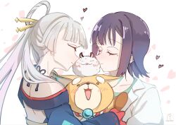  2girls bare_shoulders black_hair cho_kaguya-hime! closed_eyes commentary dog double_cheek_kiss drycatfoodmeow from_side fushi_(cho_kaguya-hime!) girl_sandwich gradient_hair hair_ornament hair_rings hair_stick halterneck heart highres inudoge kiss kissing_cheek long_sleeves mole mole_under_eye multicolored_hair multiple_girls open_mouth pink_hair runami_yachiyo sakayori_iroha sandwiched smile untranslatable_commentary upper_body white_background white_hair 