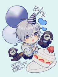  1boy :d black_pants blue_background blue_eyes blush boots brown_shoes cake collared_shirt commentary_request dated food hair_between_eyes happy_birthday hat highres long_sleeves looking_at_viewer male_focus mege_(megechan) necktie open_mouth original pants party_hat plate shirt shoes short_hair simple_background smile stuffed_animal stuffed_toy sweater tongue white_hair white_necktie white_shirt white_sweater 