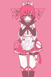  1girl ? ahoge apron barser belt bike_shorts black_choker black_gloves black_socks blush bow choker commentary cropped_legs dress elbow_gloves english_commentary frilled_apron frilled_dress frills gloves hair_between_eyes headdress highres kasane_teto kneehighs looking_at_viewer medium_hair no_entry_sign no_pedestrian_crossing_sign open_mouth pink_background pinstripe_hat red_eyes red_hair red_trim road_sign shirt sign simple_background sleeveless sleeveless_shirt socks solo utau waist_apron white_bow x_arms 
