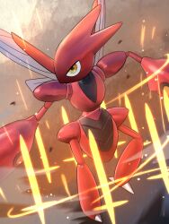  1other bug claws full_body glowing highres insect_wings metal_skin no_humans other_focus pincers pokemon pokemon_(creature) red_carapace redamber334 scizor solo sword swords_dance_(pokemon) weapon wings yellow_eyes 