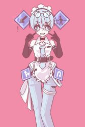  ! 1girl apron arrow_(symbol) bare_shoulders barser belt belt_buckle black_belt black_choker black_gloves blue_eyes blue_hair blue_necktie blue_pantyhose blue_shirt buckle choker collar collared_shirt commentary cropped_legs elbow_gloves english_commentary eyewear_on_head finger_to_face gloves hair_between_eyes hatsune_miku headdress highres necktie one_way_sign pantyhose pedestrian_crossing_sign pink_background pinstripe_pattern pinstripe_shirt road_sign round_eyewear shirt sign simple_background sleeveless sleeveless_shirt smile solo thigh_strap u-turn_sign vocaloid waist_apron white_shirt 