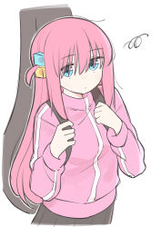  1girl absurdres black_skirt blue_eyes blush_stickers bocchi_the_rock! breasts carrying closed_mouth commentary cropped_torso cube_hair_ornament eyes_visible_through_hair frikuriku02070720 gotoh_hitori guitar_case hair_between_eyes hair_ornament highres instrument_case instrument_on_back jacket large_breasts long_hair long_sidelocks long_sleeves looking_at_viewer one_side_up pink_hair pink_jacket pleated_skirt sidelocks simple_background skirt solo standing track_jacket white_background wispy_bangs 