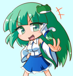  +++ 1girl :d armpits bare_shoulders blue_background blue_skirt blue_trim blush breasts chibi collared_shirt commentary_request cowboy_shot detached_sleeves frilled_skirt frills frog_hair_ornament green_eyes green_hair hair_ornament hair_tubes hand_on_own_hip hand_up highres kajiya_no_masa kochiya_sanae legs_apart long_hair long_sleeves looking_at_viewer medium_breasts no_nose one-hour_drawing_challenge open_mouth shirt simple_background single_hair_tube skirt sleeveless sleeveless_shirt smile snake_hair_ornament solo standing touhou v-shaped_eyebrows very_long_hair w white_shirt white_sleeves wide_sleeves 
