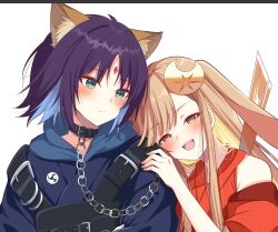  2girls animal_ears bare_shoulders black_choker blonde_hair blue_hair blush chain cho_kaguya-hime! choker commentary_request crescent crescent_hair_ornament forehead_jewel fox_ears green_eyes hair_ornament hand_on_another's_shoulder head_on_another's_shoulder huleito kaguya_(cho_kaguya-hime!) long_hair lop_rabbit_ears multicolored_hair multiple_girls open_mouth orange_eyes purple_hair rabbit_ears sakayori_iroha short_hair simple_background smile two-tone_hair unfinished white_background yuri 