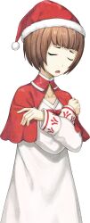 1girl arms_around_self bob_cut bow breasts brown_hair capelet chest_bow closed_eyes collarbone collared_capelet dress facing_viewer fingernails from_side fur-trimmed_headwear fur_trim game_asset hat high_collar huke long_sleeves nakase_katsumi official_art open_mouth red_bow red_capelet red_hat sad santa_costume santa_dress santa_hat science_adventure short_hair small_breasts solo steins;gate steins;gate_0 tachi-e tomboy transparent_background white_dress 