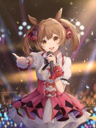  1girl animal_ears blush bow breasts brown_eyes brown_hair center_frills commentary_request dianqiwei_wubaqi frills glowstick hair_between_eyes hair_bow highres holding holding_microphone horse_ears horse_girl looking_at_viewer microphone multiple_hair_bows open_mouth penlight_(glowstick) pink_bow pink_skirt puffy_short_sleeves puffy_sleeves purple_bow shirt short_sleeves skirt smart_falcon_(love_4ever)_(umamusume) smart_falcon_(umamusume) smile solo suspender_skirt suspenders teeth twintails umamusume white_shirt wrist_cuffs 