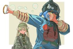  2girls alternate_costume apple_print bag beanie blonde_hair blowing_bubbles blue_hair blue_sweater braid braided_hair_rings bubble_wand casual commentary food_print fruit_print green_eyes green_hat green_scarf green_sweater hair_rings hands_up hat highres long_hair long_sleeves looking_at_another mahou_shoujo_no_majo_saiban multiple_girls nail_polish open_mouth outstretched_arm pom_pom_(clothes) pom_pom_beanie print_sweater scarf short_hair smile soap_bubbles striped_hat sweater tachibana_sherry tono_hanna twintails untranslatable_commentary winter_clothes yang_yu_sanjiao 