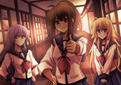  >:) 021_shiro 3girls ahoge angel_beats! backlighting blue_eyes blue_sailor_collar blue_skirt blush_stickers brown_hair closed_mouth commentary_request cowboy_shot eyes_visible_through_hair grey_eyes hair_between_eyes hands_on_own_hips highres hisako_(angel_beats!) indoors irie_miyuki long_hair looking_at_viewer miniskirt multiple_girls neckerchief perspective pink_neckerchief pleated_skirt ponytail purple_hair sailor_collar sailor_shirt school sekine_shiori shinda_sekai_sensen_uniform shirt sidelocks skirt sleeves_past_wrists sleeves_rolled_up smile spiky_hair v-shaped_eyebrows v_arms very_long_hair violet_eyes white_shirt wooden_floor 