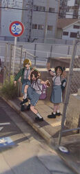  3girls :d ^_^ absurdres alisa_north_(headphone071) backpack bag black_hair black_shoes blonde_hair blue_eyes blue_necktie blue_skirt bottle breast_pocket breasts brown_eyes brown_hair chain-link_fence closed_eyes collared_shirt commentary double_v doughnut dress_shirt english_commentary fence folded_ponytail food full_body google_street_view green_jacket hair_ornament hairclip hand_up hands_up headphone071 high_school_girls_posing_for_google_street_view_(meme) highres indonesian_high_school_uniform jacket knee_up lala_(headphone071) large_breasts meme multiple_girls necktie open_clothes open_jacket original overhead_line parallel_hairclips photo_background pocket posing purple_bag raised_curb road_sign school_uniform shirt shirt_tucked_in shoes sidewalk sign skirt smile socks sri_(headphone071) standing standing_on_one_leg tactile_paving v water_bottle white_shirt white_socks wing_collar x_hair_ornament 