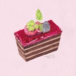 cake cake_slice dated food food_focus fruit kuboitomoko leaf no_humans original painting_(medium) pink_background raspberry signature simple_background still_life traditional_media watercolor_(medium) 