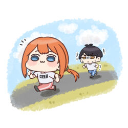  1boy 1girl :3 akino_ell black_hair black_shoes blue_eyes blue_pants blue_sky blush_stickers brown_eyes chibi closed_mouth clothes_lift clothes_writing clouds day go-toubun_no_hanayome nakano_yotsuba notice_lines orange_hair pants pink_pants ponytail running shirt shirt_lift shoes short_eyebrows sky thick_eyebrows track_pants trembling turn_pale uesugi_fuutarou v-shaped_eyebrows white_shirt 