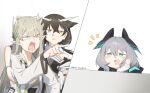  3girls arknights arm_around_shoulder highres ho&#039;olheyak_(arknights) house_tag_denim meme muelsyse_(arknights) multiple_girls pointing pointing_at_another shouting silence_(arknights) smile woman_yelling_at_cat_(meme) 