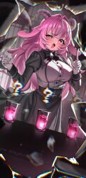  1girl ? absurdres animal_ears bell black_bow black_bowtie bow bowtie breasts broken_glass commentary cowboy_shot cup drink drinking_glass drooling femme_soule glass gloves goat_ears goat_horns grey_eyes heterochromia highres horns large_breasts long_hair looking_at_viewer mismatched_pupils mouth_drool neck_bell open_mouth pink_eyes pink_hair pukey_goddess_shot_trick shot_glass solo sweet_roll_(flu0313) white_gloves 