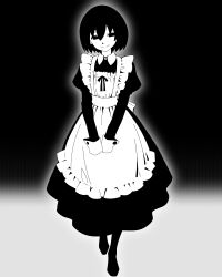  1girl absurdres apron aura black_background black_bow black_eyes black_pantyhose black_skirt bob_cut bow bow_apron breasts closed_mouth collared_dress colored_skin commentary dress empty_eyes enmaided frilled_apron frills full_body gradient_background greyscale hair_between_eyes highres isasoup juliet_sleeves long_sleeves looking_at_viewer maid monochrome monogatari_(series) narrowed_eyes oshino_ougi own_hands_together pantyhose puffy_long_sleeves puffy_sleeves romaji_commentary short_hair skirt sleeves_past_fingers sleeves_past_wrists small_breasts smile solo v_arms walking white_apron white_background white_skin 