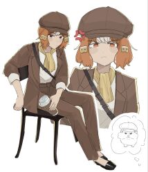  1girl amoncheeto anger_vein belno_light_(umamusume) black_shoes brown_hat brown_jacket brown_pants chair closed_mouth commentary english_commentary frown hamster hat highres jacket looking_at_viewer multiple_views newsboy_cap on_chair open_clothes open_jacket orange_eyes orange_hair pants shirt shoes short_hair simple_background sitting umamusume v-shaped_eyebrows white_background white_shirt 