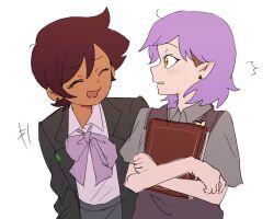  +++ 2girls amity_blight blush book brown_hair closed_eyes collared_shirt dark-skinned_female dark_skin earrings facing_another holding holding_book ini_yoy jewelry looking_at_another luz_noceda medium_hair multicolored_hair multiple_girls open_mouth shirt short_hair short_sleeves simple_background sketch the_owl_house two-tone_hair white_background yellow_eyes 