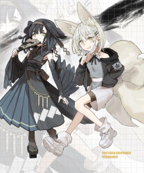  2girls absurdres animal_ear_fluff animal_ears bare_shoulders black_feathers black_hair black_jacket black_wings blonde_hair blue_shirt boots commentary_request dog_ears feathered_wings feathers fox_ears fox_tail full_body geta grey_hair grey_shirt grid_background hair_ornament hairband hairclip hakama hakama_skirt hand_fan hand_in_pocket highres holding hood jacket japanese_clothes kimono kitsune long_hair long_sleeves looking_at_viewer mask mask_pull monster_girl mouth_mask multiple_girls multiple_tails open_clothes open_jacket original pantyhose ribbon sandals shirt shoes shorts skirt smile socks standing tabi tail tyaui_(xjju4435) wings yellow_eyes zoom_layer 