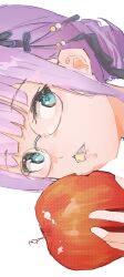  1girl absurdres apple bitten_apple blue_eyes close-up commentary_request food food_bite fruit glasses guratanchikin heaven_burns_red highres higuchi_seika holding holding_food holding_fruit looking_at_viewer purple_hair sideways 
