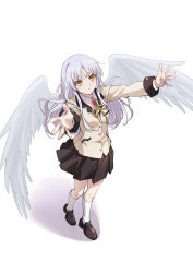  1girl 819357315 absurdres angel angel_beats! angel_wings black_shoes black_skirt brooch buttons collared_shirt commentary_request feathered_wings floating_hair full_body grey_hair hair_between_eyes highres jacket jewelry kneehighs loafers long_hair long_sleeves looking_ahead miniskirt neck_ribbon outstretched_arms outstretched_hand parted_lips pleated_skirt ribbon school_uniform shadow shirt shoes sidelocks simple_background skirt socks solo standing tachibana_kanade white_background white_shirt white_socks white_wings wings yellow_jacket yellow_ribbon 