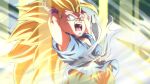  1boy arms_up aura blonde_hair dragon_ball dragon_ball_gt green_eyes long_hair male_focus no_eyebrows open_mouth rom_(20) sash shouting solo son_goku spiky_hair super_saiyan super_saiyan_3 white_sash wristband 