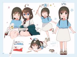  2girls :d aged_down ahoge ankle_socks arm_hug backpack bag bandaid bandaid_on_knee bandaid_on_leg black_skirt blue_border blue_eyes blue_shirt blush border bow braid brown_hair commentary_request crossed_bangs cup dated double-parted_bangs dress_shirt fallen_down fubuki_(kancolle) full_body green_eyes green_jacket grey_shoes hair_between_eyes hair_bow hair_flaps hair_over_shoulder highres holding holding_cup jacket jacket_partially_removed kantai_collection long_hair looking_at_viewer low_ponytail ma_rukan medium_hair multiple_girls multiple_views off_shoulder open_clothes open_jacket outline outside_border pleated_skirt ponytail red_bow shigure_(kancolle) shigure_kai_san_(kancolle) shirt shoes short_sleeves sidelocks signature simple_background single_braid skirt smile socks standing steam suspenders white_background white_outline white_skirt white_socks 