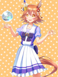  +_+ 1girl animal_ears blush bow bowtie breasts clover_hair_ornament collarbone commentary_request crystal_ball daruma_doll doll_hair_ornament ear_covers flipped_hair floating floating_object four-leaf_clover_hair_ornament hair_between_eyes hair_ornament highres horse_ears horse_girl horse_tail matikanefukukitaru_(umamusume) ok_sign open_mouth orange_hair pleated_skirt puffy_short_sleeves puffy_sleeves purple_bow purple_bowtie purple_shirt sailor_collar sailor_shirt school_uniform shirt short_hair short_sleeves single_ear_cover skirt small_breasts smile solo sugimotty_nova tail thigh-highs tracen_school_uniform umamusume white_sailor_collar white_skirt white_thighhighs 