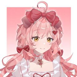  1girl arknights border bow chinese_commentary closed_mouth collarbone commentary_request frilled_bow frills goldenglow_(arknights) goldenglow_(party_in_the_garden)_(arknights) hair_bow hair_ornament heart heart_hair_ornament highres light_blush long_hair looking_at_viewer official_alternate_costume outside_border pink_background pink_hair portrait red_bow smile solo taose_hupo_tang white_border yellow_eyes 