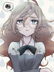  1girl ahoge black_bow black_bowtie blue_eyes bow bowtie commentary_request crossed_arms glasses gradient_hair grey_shirt griselle_(pokemon) hair_down highres long_hair multicolored_hair pokemon pokemon_legends:_z-a shirt spoken_squiggle squiggle tantei_cafe 