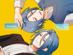  2boys arm_up black_jacket blazer blue_hair blue_vest brothers character_name closed_mouth commentary_request ear_piercing ensemble_stars! hair_between_eyes half-siblings himeru_(ensemble_stars!) jacket long_hair_between_eyes long_sleeves looking_at_another male_focus multiple_boys open_collar open_mouth piercing shirt siblings sideways simple_background smile speech_bubble teeth tojo_kaname upper_body upper_teeth_only vest white_shirt yellow_background yellow_eyes yellow_nolaeng 