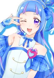  1girl aokaze_nana armpit_crease bare_shoulders blue_hair blue_theme blush breasts closed_mouth collarbone commentary_request cure_wink dress hands_on_own_chest headphones highres hime_cut hszks3leii17527 idol idol_clothes idol_heart_brooch_(precure) idol_heart_incom kimi_to_idol_precure long_hair looking_at_viewer multicolored_hair plaid_clothes plaid_ribbon plaid_sleeves precure purple_hair ribbon short_sleeves small_breasts smile solo strapless strapless_dress teeth upper_teeth_only very_long_hair violet_eyes 