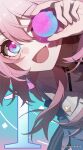  1girl :d blush close-up collarbone commentary copyright_name countdown hair_between_eyes highres holding_orb honkai:_star_rail honkai_(series) looking_at_viewer march_7th_(honkai:_star_rail) medium_hair official_art open_mouth orb pink_hair smile upper_body 