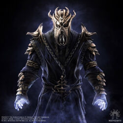  1boy 3d armor artist_name belt black_background black_robe bracer brown_belt brown_gloves commentary commission copyright_name cowboy_shot dated english_commentary facing_viewer gloves glowing_hands gold_armband gold_trim highres light_particles magic male_focus mask meduzarts miraak miraak's_mask official_art open_hands robe shoulder_armor solo straight-on the_elder_scrolls the_elder_scrolls_v:_skyrim 