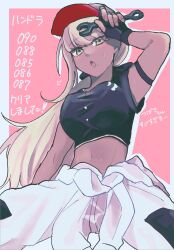  1girl absurdres arm_up baseball_cap black_hat black_shirt blonde_hair breasts brit63d clothes_around_waist crop_top dark-skinned_female dark_skin hat highres holding holding_wrench jacket jacket_around_waist kawana_tsubasa large_breasts long_hair midriff navel open_mouth ponytail shirt short_sleeves solo the_hundred_line_-last_defense_academy- white_jacket wrench yellow_eyes 