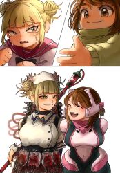  2girls age_progression black_bodysuit black_bow black_choker blonde_hair blood blood_bag blunt_bangs blush blush_stickers bodysuit boku_no_hero_academia bow breasts brown_eyes brown_hair choker closed_eyes commentary crying crying_with_eyes_open double_bun dress hair_bun hat helmet highres holding holding_weapon intravenous_drip large_breasts looking_at_another medium_hair messy_hair multicolored_bodysuit multiple_girls nurse_cap official_alternate_costume open_mouth osake08 outstretched_hand pink_bodysuit pink_sailor_collar pink_shirt pushing red_nails sailor_collar shirt sidelocks simple_background slit_pupils smile superhero_costume sweater tears toga_himiko toga_himiko_(bloody_dress) uraraka_ochaco weapon white_background white_dress white_wrist_cuffs wrist_cuffs yellow_eyes yellow_sweater 