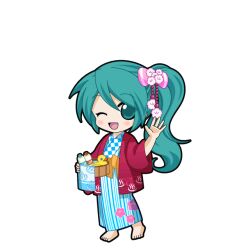 1girl ;d aqua_eyes aqua_hair barefoot bath_yukata black_outline blue_kimono blush bottle bow checkered_clothes checkered_kimono chibi chibi_only full_body game_asset hair_between_eyes hair_bow hand_up haori hatsune_miku hatsune_miku_graphy_collection holding japanese_clothes kimono long_hair one_eye_closed onsen_symbol open_mouth outline pink_bow ponytail red_haori rubber_duck smile solo standing striped_clothes striped_kimono towel transparent_background vocaloid washbowl yukata 