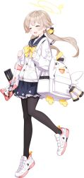  1girl ^_^ assault_rifle backpack bag black_pantyhose blonde_hair blue_archive blue_sailor_collar blue_skirt blush bow bowtie bullpup buttons cardigan clenched_hands closed_eyes detached_magazine_(weapon) explosive frilled_skirt frills full_body game_asset grenade gun gun_sling hair_bow hair_ornament halo hands_up happy hifumi_(blue_archive) highres holding_strap hwansang knees_together_feet_apart l85 large_variant_set leg_up long_hair miniskirt official_art open_mouth pantyhose peroro_(blue_archive) pink_trim pleated_skirt pocket rifle sailor_collar school_uniform serafuku shoes sidelocks simple_background skirt smile sneakers solo standing standing_on_one_leg tachi-e third-party_source transparent_background twintails variant_set weapon white_cardigan white_shoes wing_hair_ornament yellow_bow yellow_bowtie yellow_halo 