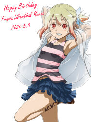  1girl anchey00 armpits arms_behind_head arms_up birthday blonde_hair blue_skirt breasts character_name collarbone commentary_request dated english_text flower fuyou_lilienthal_yuuna fuyou_yuuna_wa_yuusha_de_nai gradient_hair grin hair_between_eyes hair_flower hair_ornament happy_birthday highres hood jacket looking_at_viewer multicolored_hair navel pink_shirt red_eyes sandals see-through_clothes shirt short_hair simple_background skirt small_breasts smile solo standing standing_on_one_leg striped_clothes striped_shirt white_background 