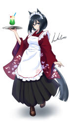  1girl absurdres animal_ears apron artist_name black_hair black_hakama blue_eyes bob_cut boots brown_boots commentary_request eishin_flash_(umamusume) enmaided floral_print frilled_apron frills hachimii_flash hakama highres holding holding_tray horse_ears horse_girl horse_tail japanese_clothes kimono long_sleeves looking_at_viewer maid maid_apron maid_headdress red_kimono short_hair signature simple_background smile solo swept_bangs tail tray umamusume wa_maid white_apron white_background 