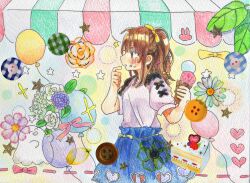  1girl balloon blue_skirt blush brown_eyes brown_hair colored_pencil_(medium) commentary_request cowboy_shot food from_side hands_up highres holding holding_food holding_ice_cream ice_cream long_hair open_mouth original ponytail shirt short_sleeves sidelocks skirt solo traditional_media uenae_chiyiro white_shirt 