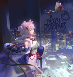  1girl absurdres arknights bell blue_capelet bow bowtie breasts capelet christmas city_lights cityscape condensation detached_sleeves double_bun dress facial_mark from_side fur-trimmed_capelet fur-trimmed_dress fur-trimmed_sleeves fur_trim glass_writing hair_bun hairband hat highres medium_breasts medium_hair merry_christmas neck_bell night official_alternate_costume pink_hair profile pudding_(arknights) pudding_(gleaming_fey)_(arknights) purple_hairband reindeer ribbon santa_costume santa_dress santa_hat seal_(animal) seal_girl short_dress side_up_bun snowflake_ornament snowflakes solo strapless strapless_dress violet_eyes whisker_markings zheshe_jing 