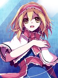  1girl alice_margatroid blonde_hair blue_dress bow capelet commentary_request dress frilled_hairband frilled_neckerchief frills hair_between_eyes hairband medium_hair neckerchief open_mouth red_bow red_hairband red_neckerchief sawara_kan short_sleeves solo teeth textless_version touhou upper_teeth_only white_capelet yellow_eyes 