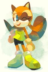 1girl animal_ears black_nose black_shorts blue_eyes brown_fur furry furry_female gloves highres marine_the_raccoon one_eye_closed orange_fur quiickyfoxy raccoon_ears raccoon_girl raccoon_tail shorts sonic_(series) sonic_rush_adventure tail twintails 
